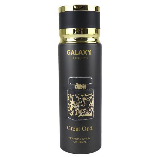 Vista frontal del spray de perfume Avalanche para hombre de Galaxy Concept, lata de 200 ml con un moderno diseño negro y tapón plateado, que destaca la marca y el nombre del producto.