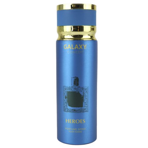 Heroes perfume spray for men by Galaxy Concept, 200 ml can in a sleek blue design with gold accents and a geometric perfume bottle illustration.