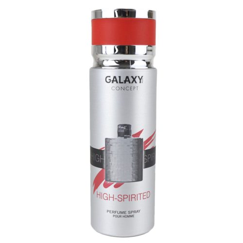 Galaxy Concept High-Spirited Perfume Spray for Men 200 ml, front view with the cap on, showcasing the sleek silver design with red detailing.