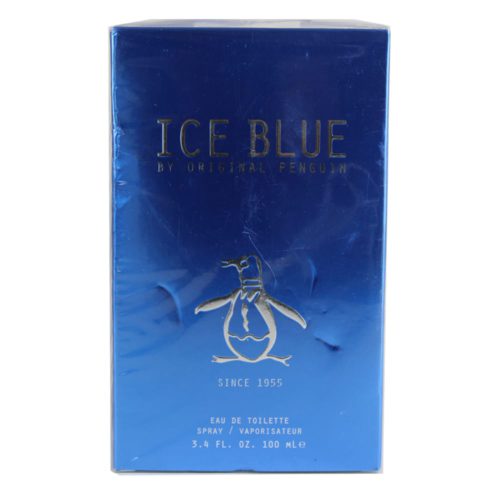 Vista frontal de la caja de Ice Blue Eau de Toilette 100 ml de Original Penguin, con un diseño azul metálico y el logotipo del pingüino