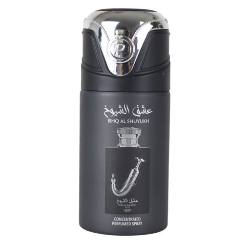 Lattafa Pride Ishq Al Shuyukh Silver Concentrated Perfumed Spray canister with the lid removed, showing the black and silver design and the spray nozzle.