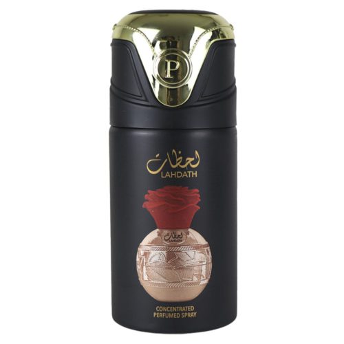 Lattafa Pride Lahdath Concentrated Perfumed Spray canister with a gold and black top, highlighting the red rose illustration and gold text on the front.