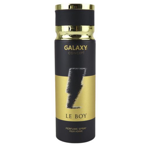 Vista frontal del spray de perfume Le Boy para hombre de Galaxy Concept, en el que destaca el diseño negro y dorado con una ilustración prominente de un rayo.