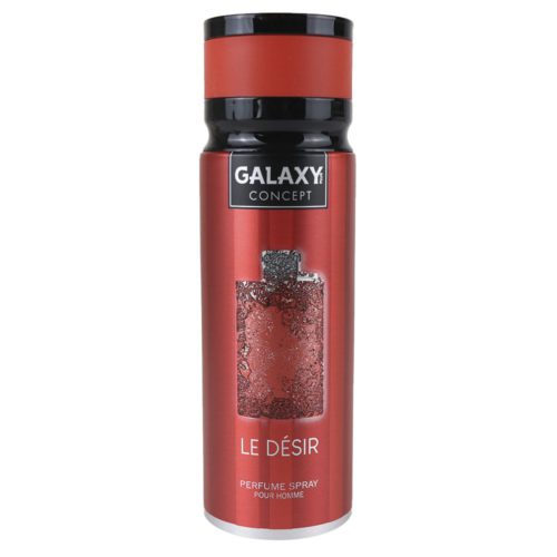 Front view of Galaxy Concept Le Désir perfume spray for men, 200 ml bottle, showcasing a red and black aesthetic with a textured bottle graphic.