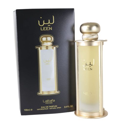 Lattafa Pride Leen EDP 100 ml Unisex perfume bottle displayed in front of the box, with the gold cap and transparent design.
