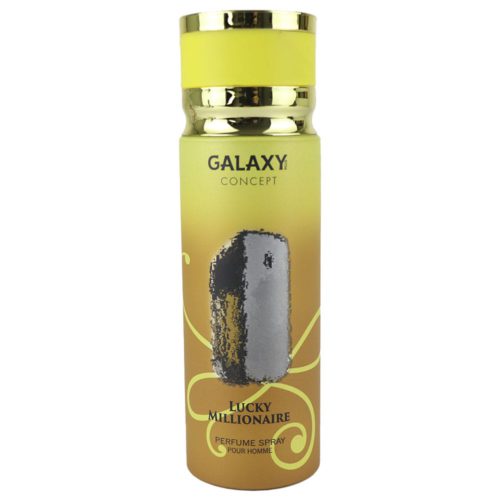 Vista frontal del spray de perfume Galaxy Lucky Millionaire para hombre, lata de 200 ml, con un diseño dorado y amarillo.