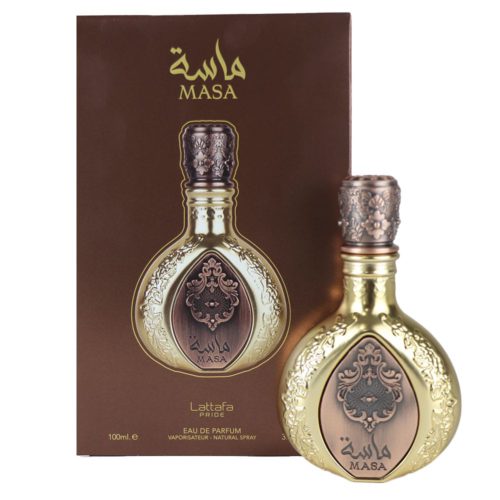 Frasco de Lattafa Masa Eau de Parfum expuesto con la caja exterior, mostrando los lujosos detalles en oro y bronce del perfume y su envase.