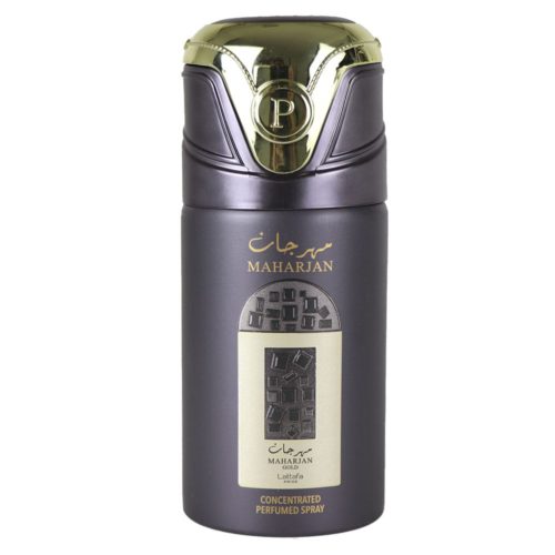 Lattafa Pride Maharjan Gold Concentrated Perfumed Spray 250ml with a black and gold canister, featuring a textured design and gold accents on the lid.