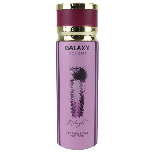 Vista lateral del spray corporal perfumado para mujer Galaxy Plus Concept MIDNIGHT, en el que destaca el lujoso diseño morado y dorado con el logotipo y el nombre del producto en un lugar prominente.