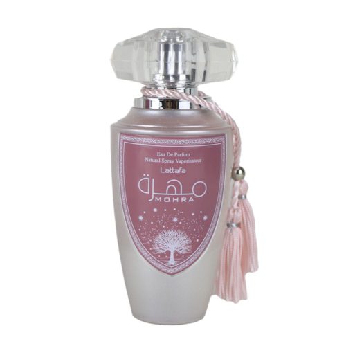 Lattafa Mohra Silky Rose Eau de Parfum 100 ml bottle with a clear decorative cap and a pink tassel detail.