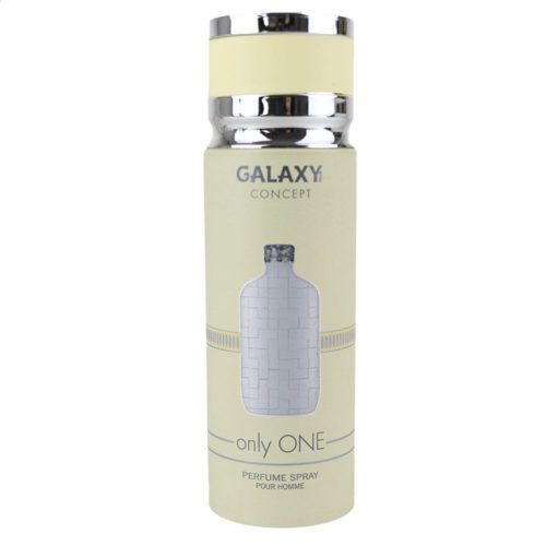 Galaxy Concept Only ONE Perfume Spray for Men 200 ml, front view with the cap on, showcasing the sleek light beige can with silver detailing.