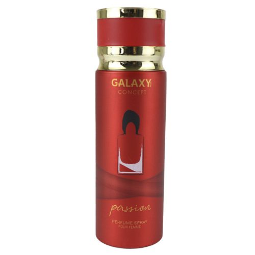 Front view of Passion perfume spray for women by Galaxy Concept, highlighting the red design with a silhouette-style perfume bottle illustration and gold accents.