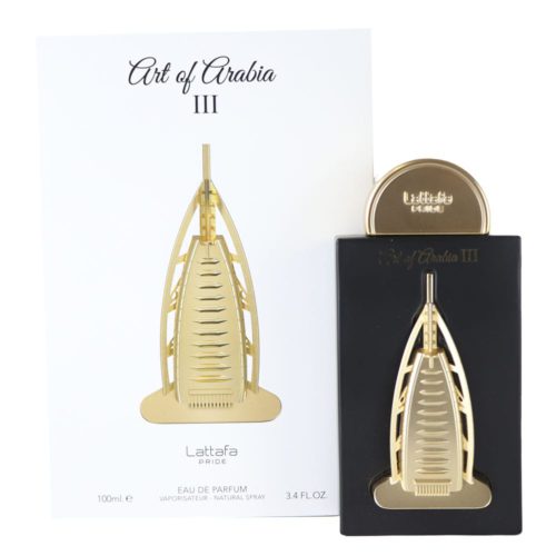 Lattafa Pride Art of Arabia III Eau De Parfum bottle in black with gold accents, alongside its matching white box with gold details.