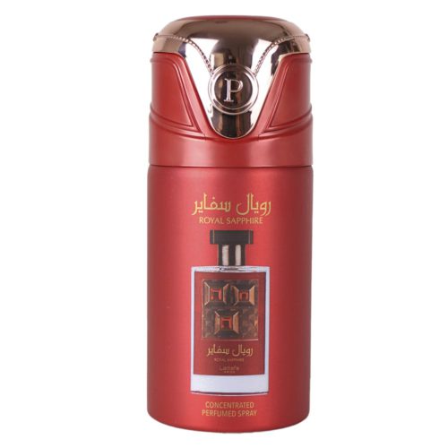 Lattafa Royal Sapphire concentrated perfumed spray bottle in red, showcasing an intricate geometric design and a polished gold cap with 'P' logo.