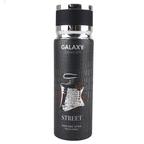 Galaxy Concept Street Perfume Spray for Men 200 ml, front view with the cap on, featuring a textured black can with chrome detailing and a stylish bottle design.