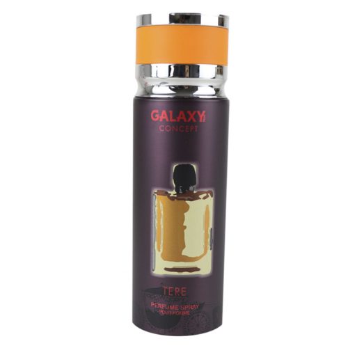 Front view of Galaxy Concept Tere perfume spray for men, 200 ml bottle, featuring a dark design with an orange cap and a graphic of a vintage-style bottle.