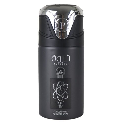 Frasco de spray perfumado concentrado Lattafa Tharwah en plateado y negro, con un diseño de símbolo atómico y un tapón plateado brillante con el logotipo «P».