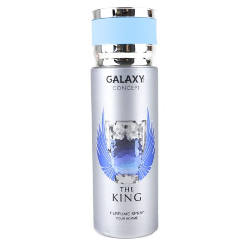 Galaxy Concept The King Perfume Spray for Men 200 ml, front view with the cap on, showcasing the sleek silver design with blue accents and winged logo.