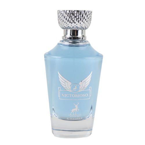 Close-up of the Victorioso Eau de Parfum bottle by Maison Alhambra, featuring a light blue liquid and a silver-patterned cap.