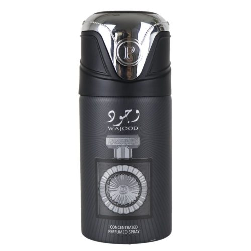 Lattafa Wajood concentrated perfumed spray bottle in black with a silver cap, showcasing a gear-inspired design and a modern aesthetic.