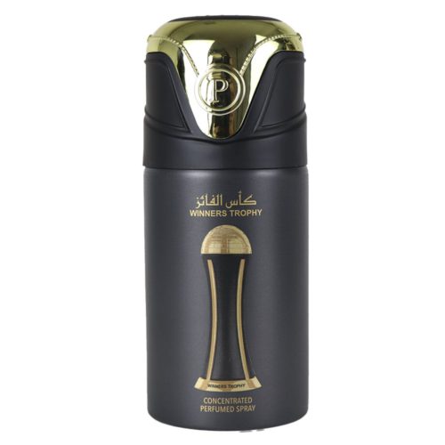 Lattafa Winners Trophy gold and black concentrated perfumed spray bottle, featuring a gold cap and a sleek, masculine design with a trophy emblem.