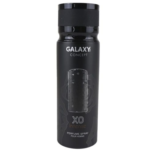 Galaxy Concept XO Intense Perfume Spray for Men 200 ml, front view with the cap on, showcasing the sleek black design of the can.