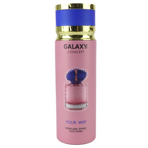 Your Way perfume spray for women by Galaxy Concept, 200 ml can with a pink design and blue and gold cap, featuring a perfume bottle illustration on the label.