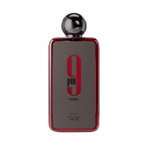Close-up of the 9 PM Rebel Eau de Parfum bottle by Afnan, showcasing a modern design with a glossy red frame and a metallic cap.