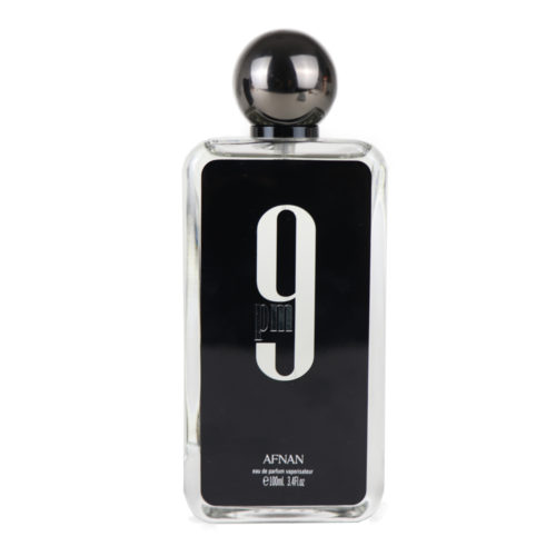 Front view of Afnan 9 PM Eau de Parfum bottle for men, 100 ml, with a sleek black label featuring a silver '9 pm' logo and a round black cap.
