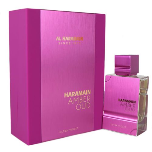 The "Amber Oud Ultra Violet" perfume bottle placed next to the matching box, highlighting their cohesive and luxurious design with a metallic sheen.