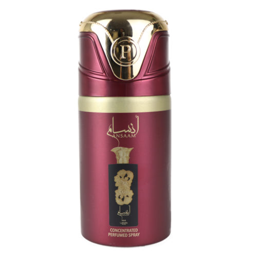 Front view of Lattafa Pride Ansaam Gold Concentrated Perfumed Spray for women, 200 ml, with a maroon and gold bottle featuring an ornate floral design and Arabic script.