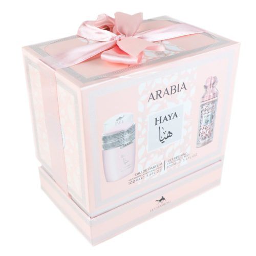 Angled view of the Arabia Haya Eau de Parfum and Refreshing Fragrance Mist set, wrapped in a pink bow, highlighting its luxurious presentation.