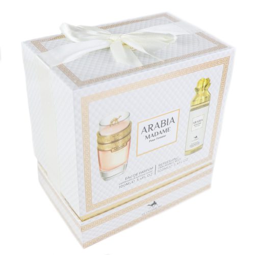Angled view of the Arabia Madame gift set by Le Chameau, wrapped with a white ribbon, highlighting its premium presentation and gift appeal.