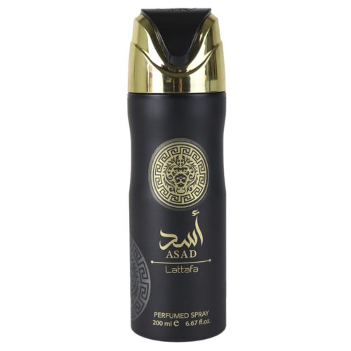 Front view of Lattafa Asad perfumed spray for men, 200 ml, in a stylish black bottle with gold detailing, including a lion emblem and brand name.