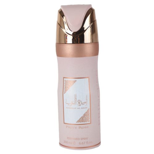 Front view of Lattafa Asdaaf Ameerat Al Arab Prive Rose perfumed spray for women, 200 ml, in a stylish pink bottle with rose gold detailing and decorative branding.