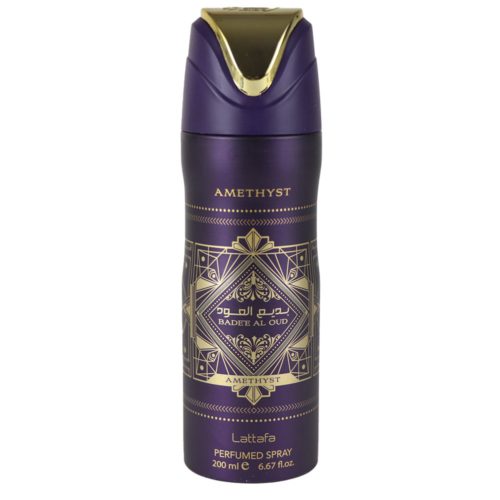 Front view of Lattafa Bade'e Al Oud Amethyst perfumed spray, 200 ml, in an elegant purple bottle with intricate gold detailing and branding.