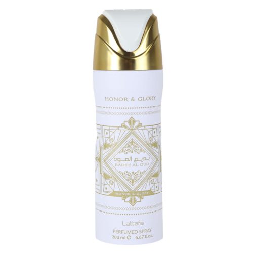 Front view of Lattafa Bade'e Al Oud Honor & Glory perfumed spray, 200 ml, with a sophisticated white and gold design and decorative detailing.