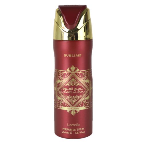 Front view of Lattafa Bade'e Al Oud Sublime perfumed spray, 200 ml, featuring a luxurious red and gold ornate design and branding details.