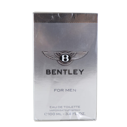 Front view of Bentley For Men Eau de Toilette, 100 ml box with silver finish, featuring the iconic Bentley winged logo and branding.