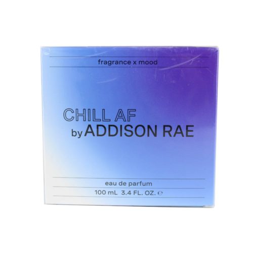 Front view of the Chill AF by Addison Rae perfume box for Women 100 ml, showing a gradient blue design with 'fragrance x mood' and branding.