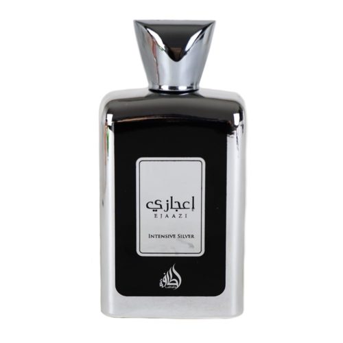 Close-up of the Ejaazi Intensive Silver Eau de Parfum bottle by Lattafa, with a reflective metallic finish and elegant black label.