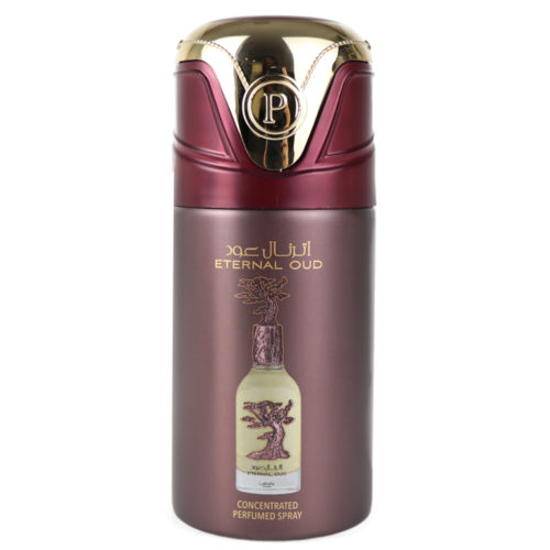 Lattafa Pride Eternal Oud Concentrated Perfumed Spray for unisex, 200 ml, with cap removed to show the spray nozzle. The bottle has a luxurious maroon and gold design with an intricate label.