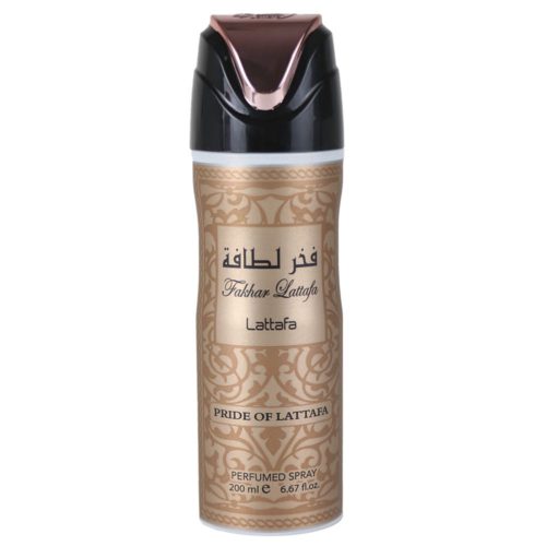 Front view of Lattafa Fakhar Pride of Lattafa perfumed spray for men, 200 ml, with a luxurious gold and black design, displaying the brand and product name.