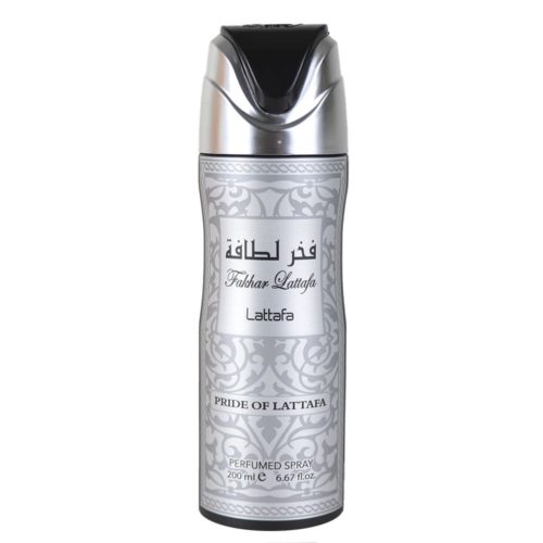 Front view of Lattafa Fakhar Silver perfumed spray for men, 200 ml, with a sleek silver and black design and 'Pride of Lattafa' text at the base.