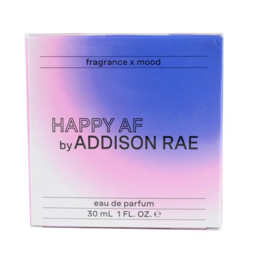 Front view of the Happy AF by Addison Rae perfume box for Women 30 ml, showcasing a gradient design with 'fragrance x mood' and branding details.