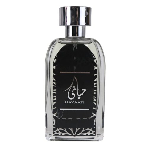 Close-up of the Hayaati Eau de Parfum 100 ml bottle by Ard Al Zaafaran, featuring a clear glass design with silver branding.