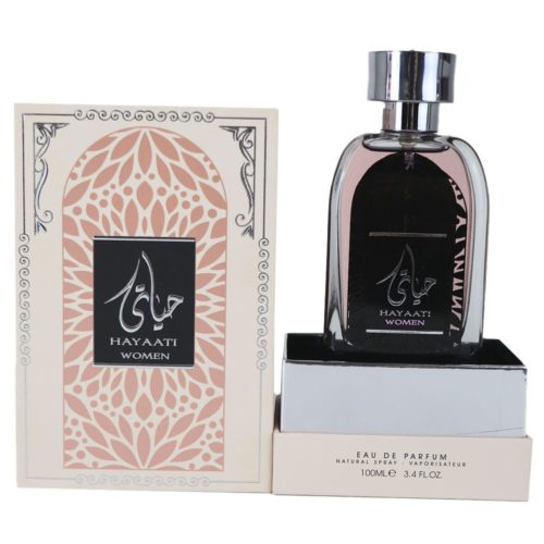 Hayaati Women's Eau de Parfum 100 ml by Ard Al Zaafaran, featuring a decorative pink and beige box with intricate silver designs and an elegant black bottle.