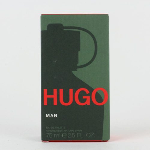 Hugo Boss Hugo Man Eau de Toilette para hombre, estuche de 75 ml en verde con un diseño de silueta y la audaz marca «HUGO» en rojo.
