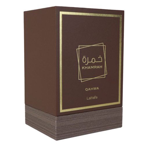 Angled view of the Lattafa Khamrah Qahwa Eau de Parfum box in brown with gold framing, highlighting the product name and Lattafa branding.