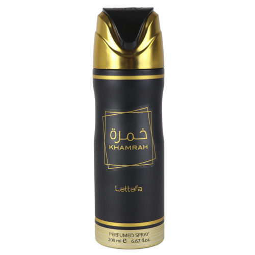 Front view of Khamrah Perfumed Spray 200 ml by Lattafa Pride in a sleek black and gold can with Arabic and English text.